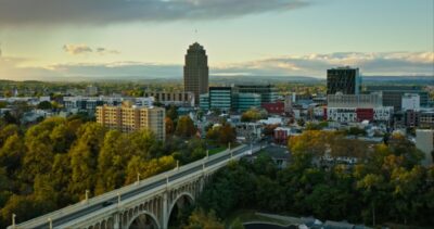 Drone Shot of St. Paul's Park in Allentown, Pennsylvania and Albertus L. Meyers Bridge