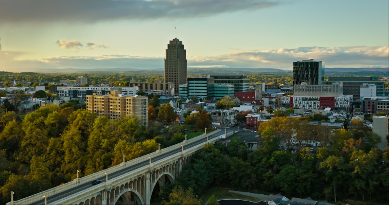 Drone Shot of St. Paul's Park in Allentown, Pennsylvania and Albertus L. Meyers Bridge