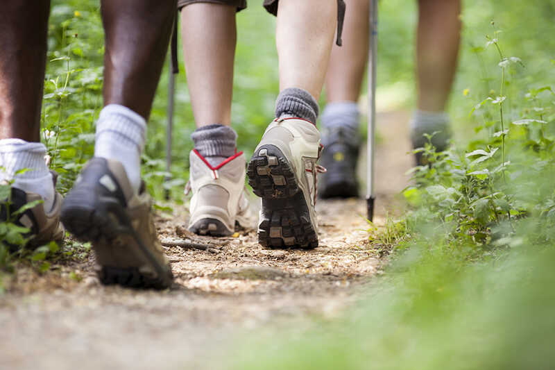 shoes of people trekking and walking in row